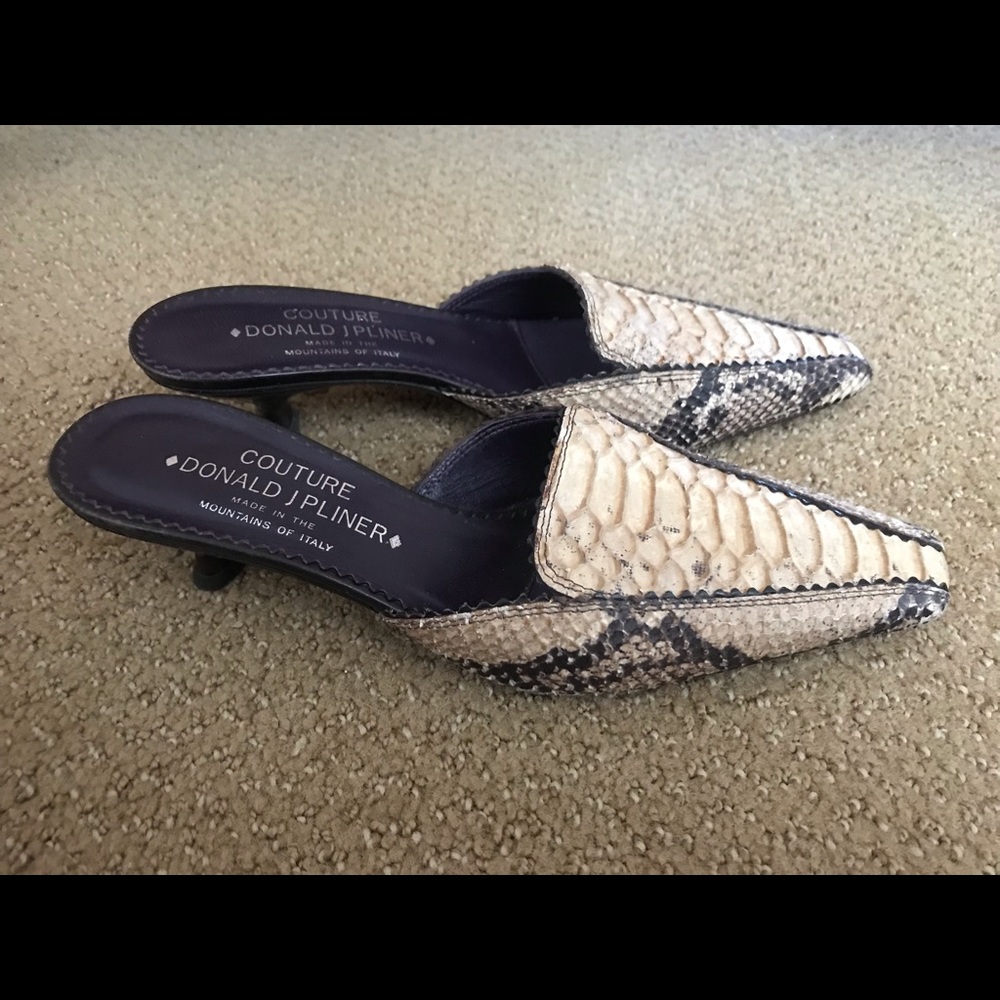 Donald J. Pliner Cream and Black Snakeskin Mules